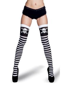 Woman's Black and White Striped Stockings with Skulls