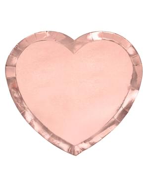 6 růžovozlatých talířků ve tvaru srdce (21 x 19 cm)