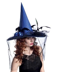 Chapéu de bruxa azul com véu