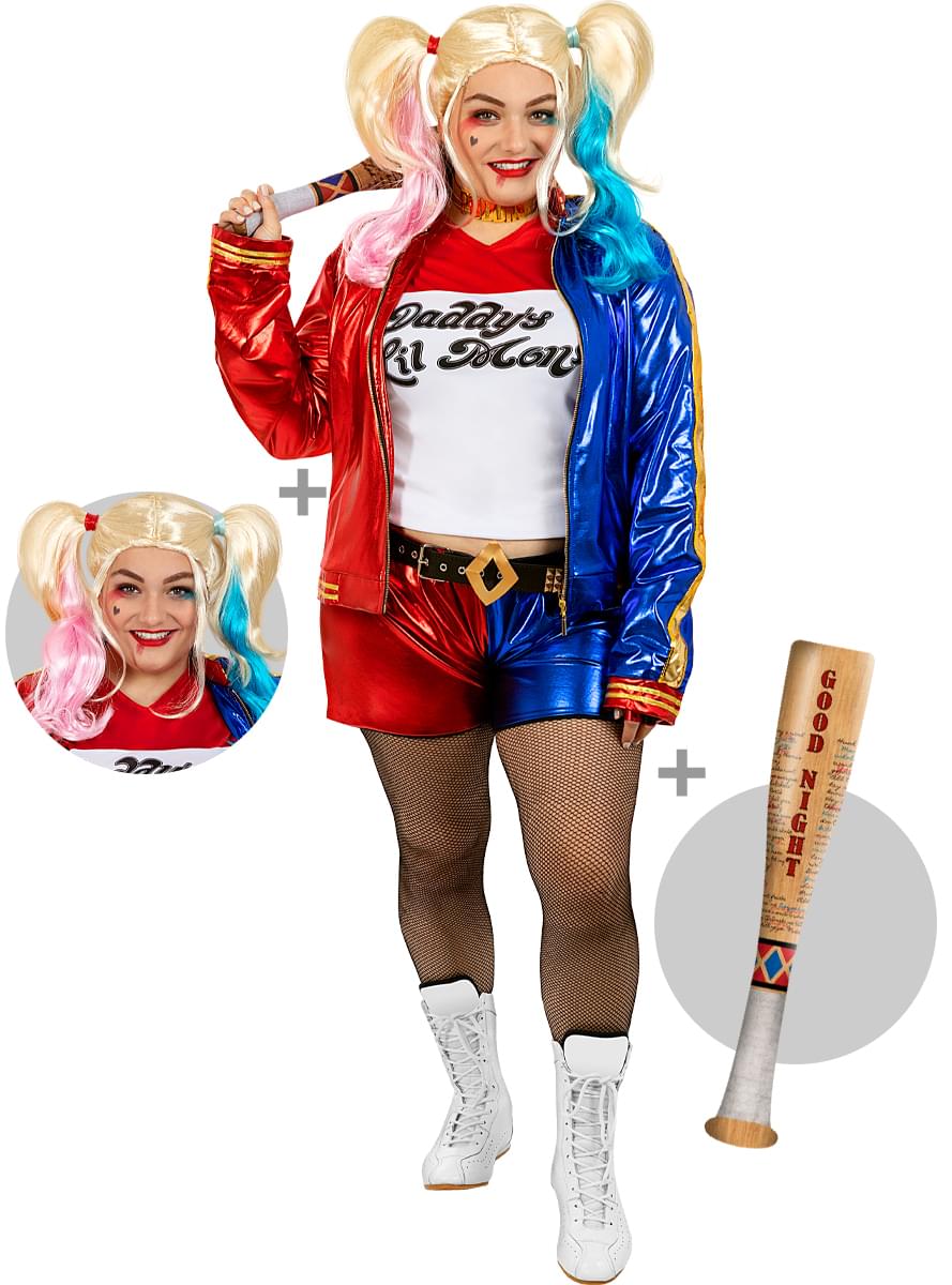 Costum Harley Quinn pentru femei cu perucă și liliac gonflabil de dimensiuni mari - Suicide Squad