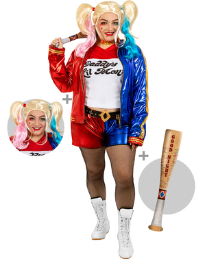 Harley Quinn Kostüm für Damen in großer Größe mit Perücke und aufblasbarem Schläger - Suicide Squad