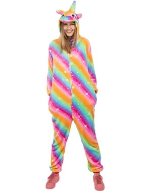 Fato de unicórnio multicolor onesie para adulto