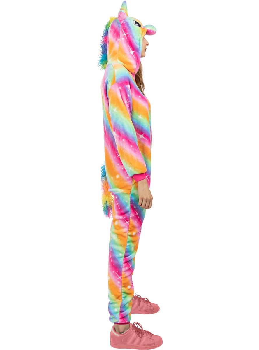 Fato de unicórnio multicolor onesie para adulto