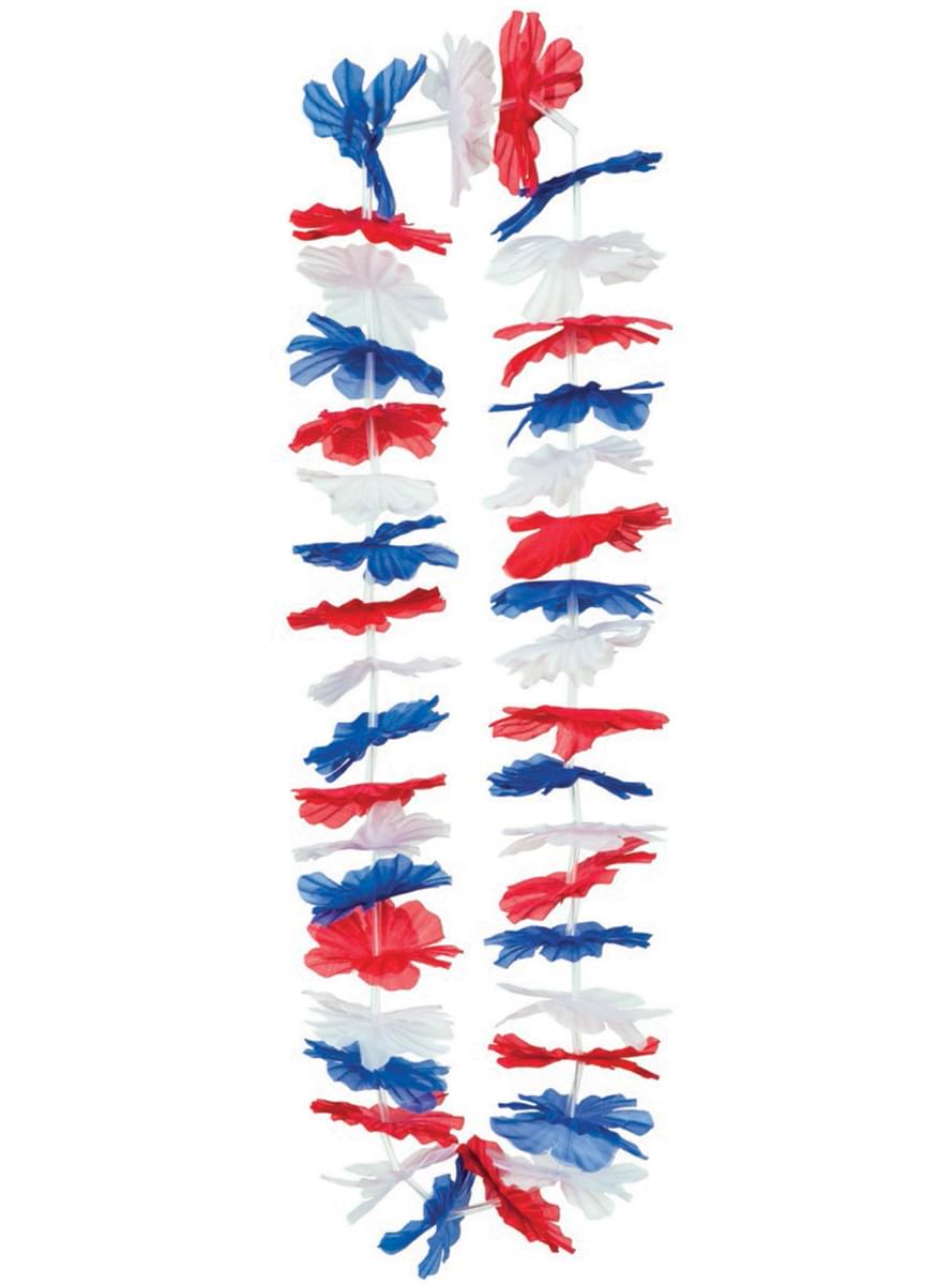 Collar hawaiano tricolor rojo, blanco y azul