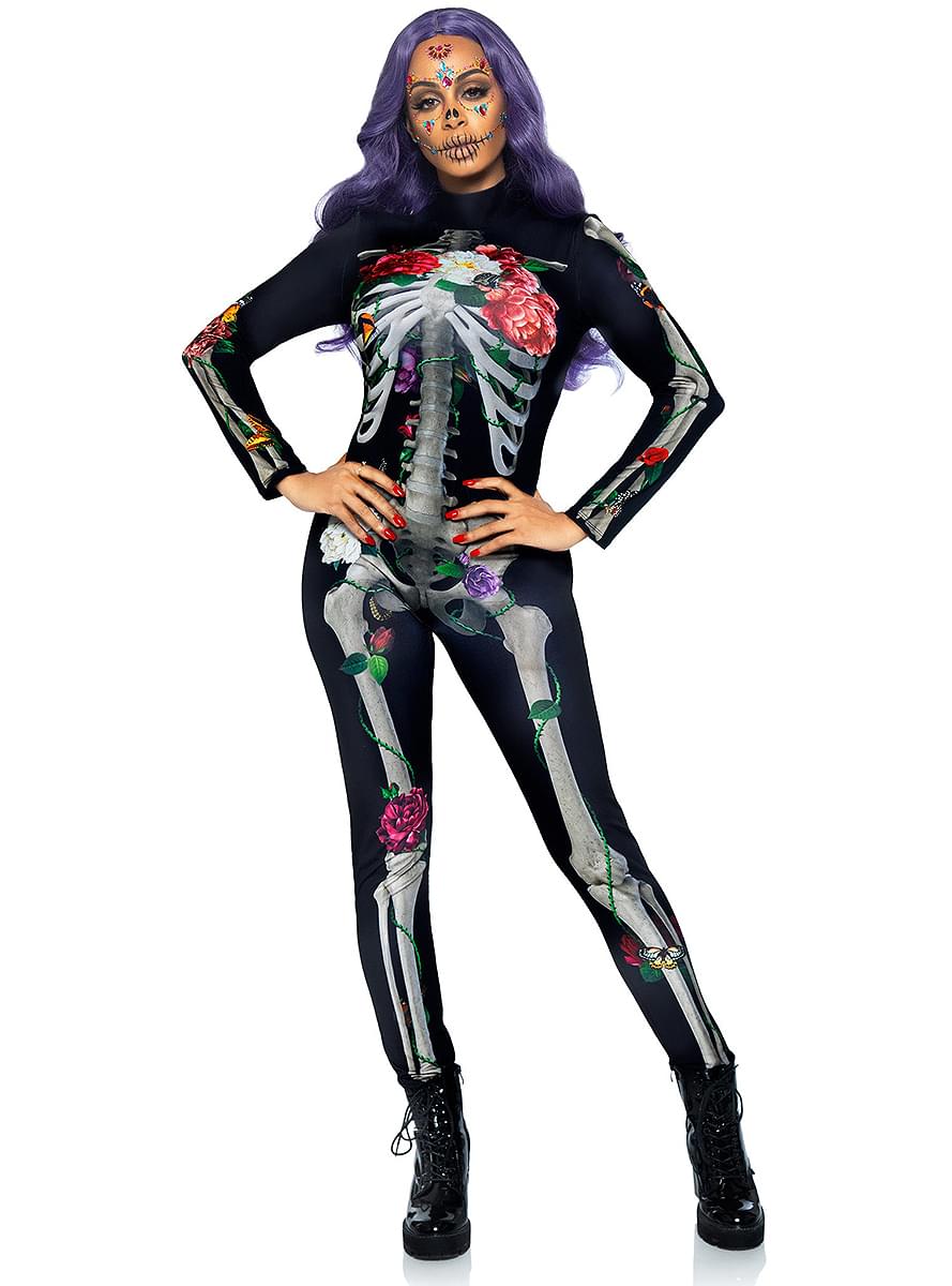 Costume da scheletro 3D con fiori da donna