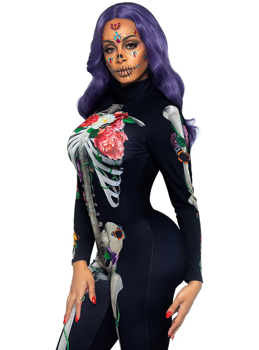 Skelett 3D Kostüm mit Blumen für Damen