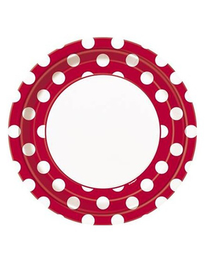8 červených tanierov s bielymi bodkami (23 cm) - séria základných farieb