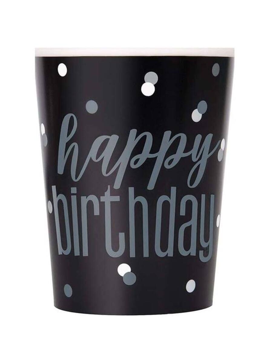 8 “Happy Birthday” Pappbecher schwarz - Black & Silver Glitz