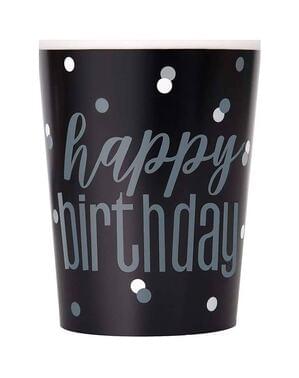 8 Zwarte “Happy Birthday” Bekers- Zwart & Zilver Glitters