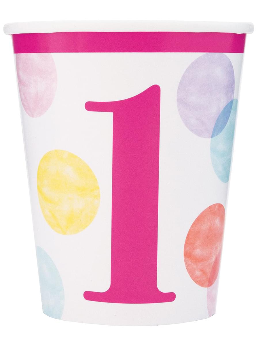 8 vasos de primer cumpleaños rosas - Pink Dots 1st Birthday