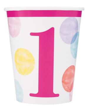 8 כוסות ורודות יום הולדת ראשון - Pink Dots 1st Birthday