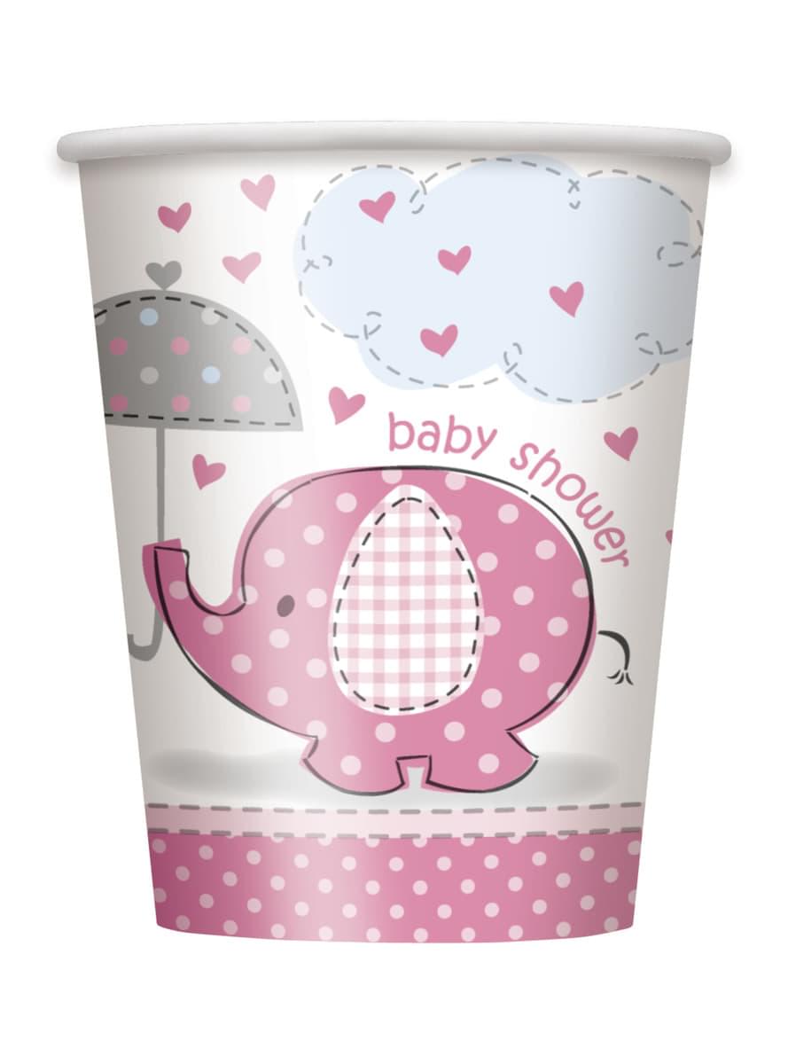 8 vasos baby Shower de elefante rosa - Pink Floral Elephant