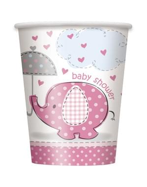 8 kelímků Baby Shower s růžovým slonem - Pink Floral Elephant