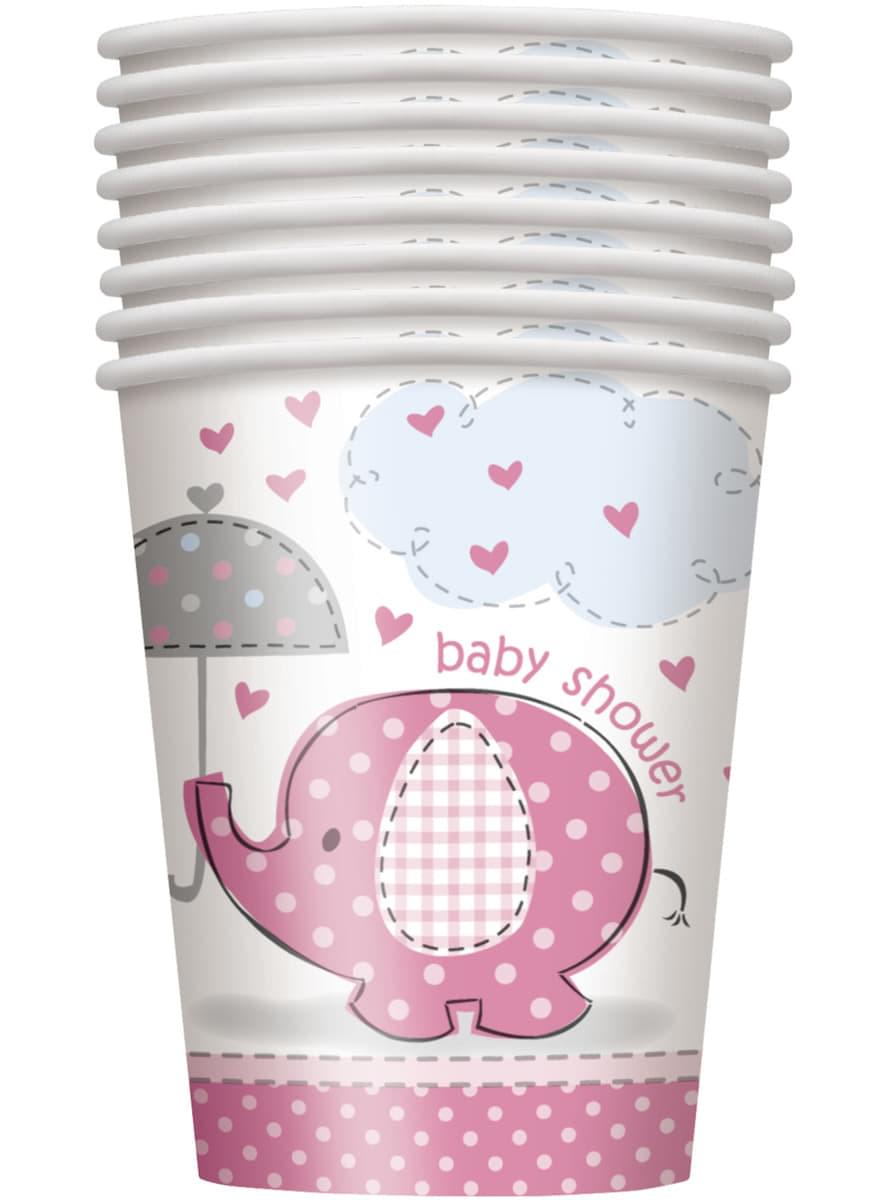 8 čaša za baby shower sa ružičastim slonom - Ružičasti cvjetni slon