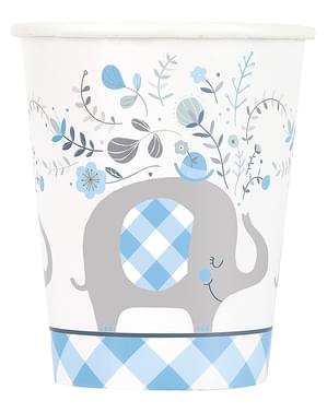 8 Μπλε Ποτήρια με Ελέφαντα για Baby Shower - Blue Floral Elephant