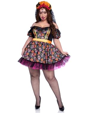 Farverigt La Catrina kostume til kvinder Plusstørrelse