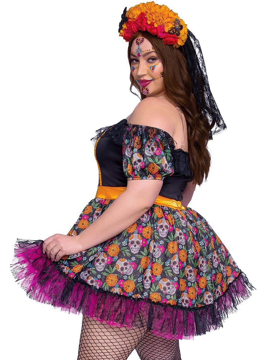 Farverigt La Catrina kostume til kvinder Plusstørrelse