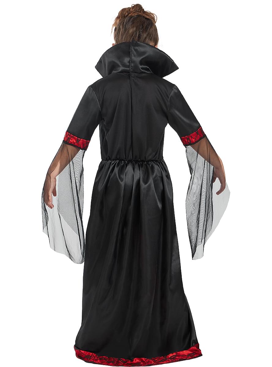 Déguisement Vampire Pour Fille - Robe Noire Et Rouge Avec Dentelle - Inclut Accessoires (oreilles, Dentier...) - Halloween