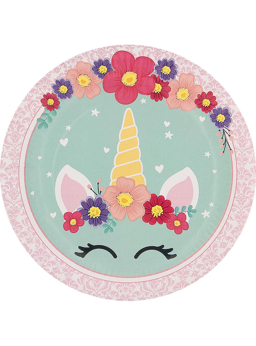 8 pratos de unicórnio (23cm) - Unicorn Flowers