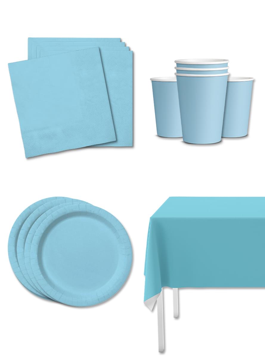 Kit décoration fête bleu ciel 8 personnes - Gamme couleur unie
