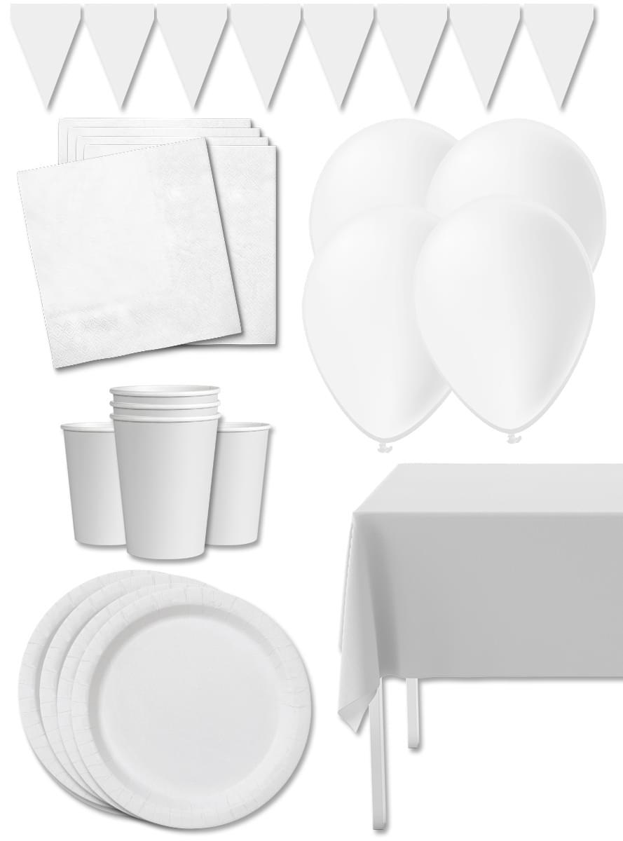 Kit decoración de fiesta color blanco Premium para 8 personas - Colores lisos
