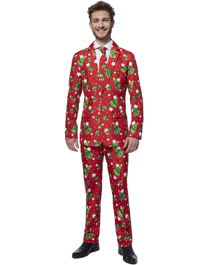 Rdeča obleka za moške z zvezdicami in božičnimi drevesci - sako /obleka za moške