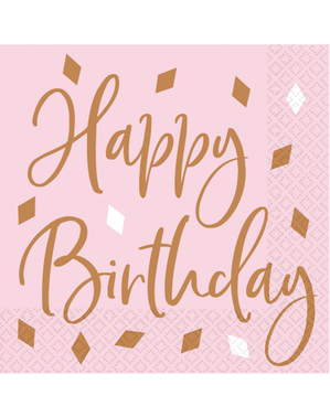 16 guardanapos de Happy Birthday ouro rosa (33x33 cm)