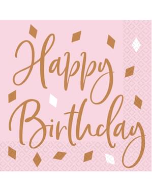 16 servetter Happy Birthday roséguldfärgad (33x33 cm)