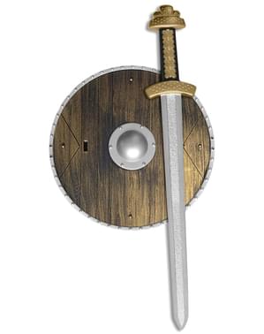 Viduramžių rinkinys su kardu ir skydu