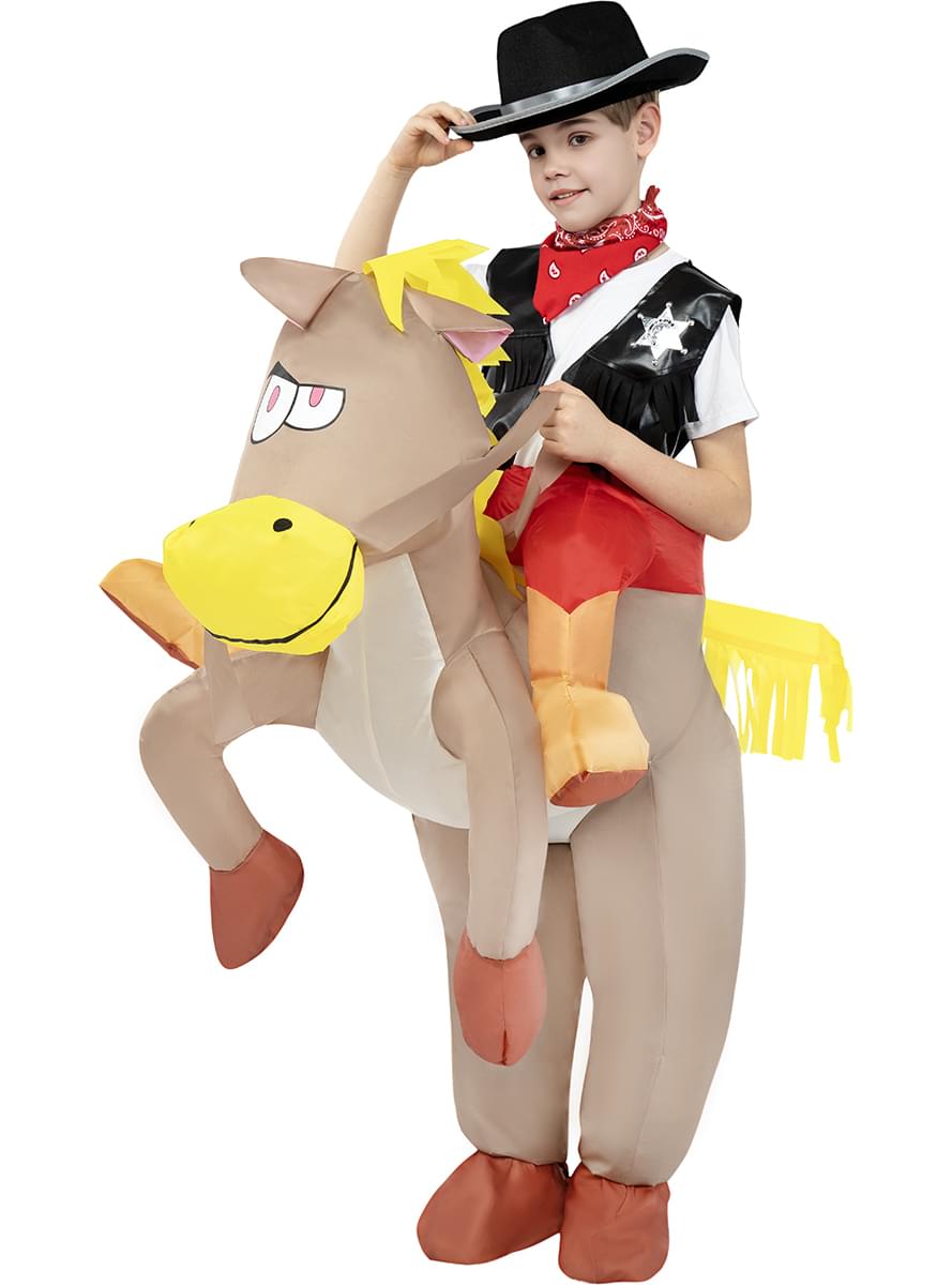 Disfraz a hombros de vaquero con caballo hinchable para niños
