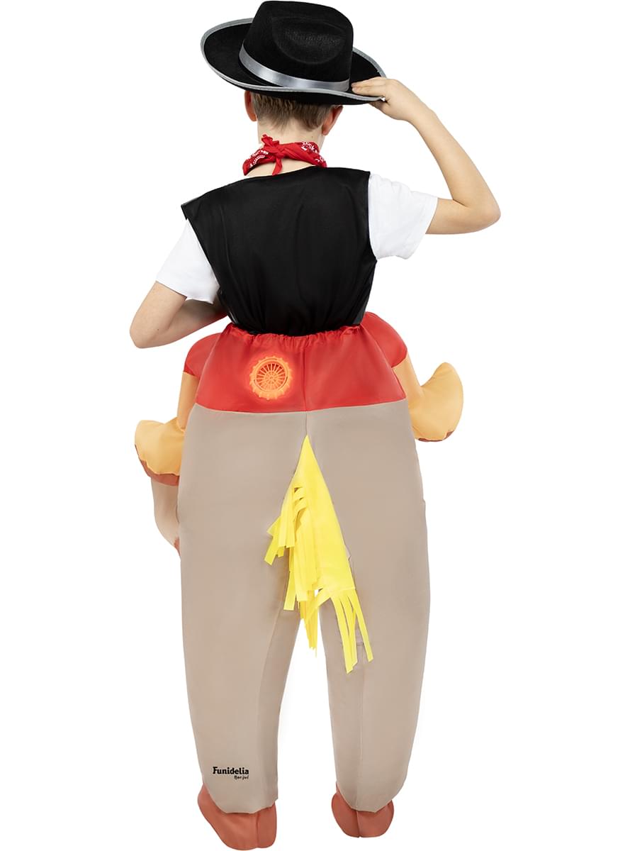 Disfraz a hombros de vaquero con caballo hinchable para niños
