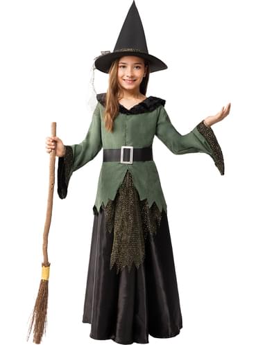 Costume Da Strega Per Bambina Con Scopa E Cappello | Vestito Glitterato 4 Pezzi | Halloween Carnevale