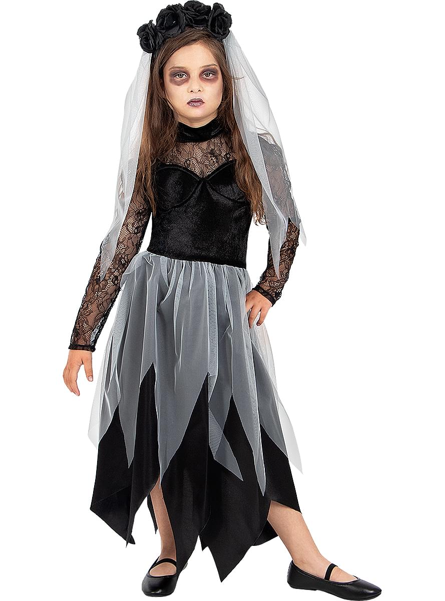 Ghost bride costume with bouquet for girl