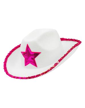 Sombrero de vaquera alb cu stea roz