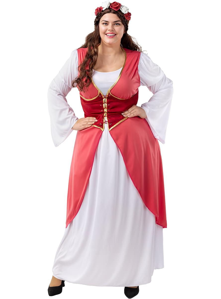 Disfraz de princesa medieval con flores para mujer talla grande