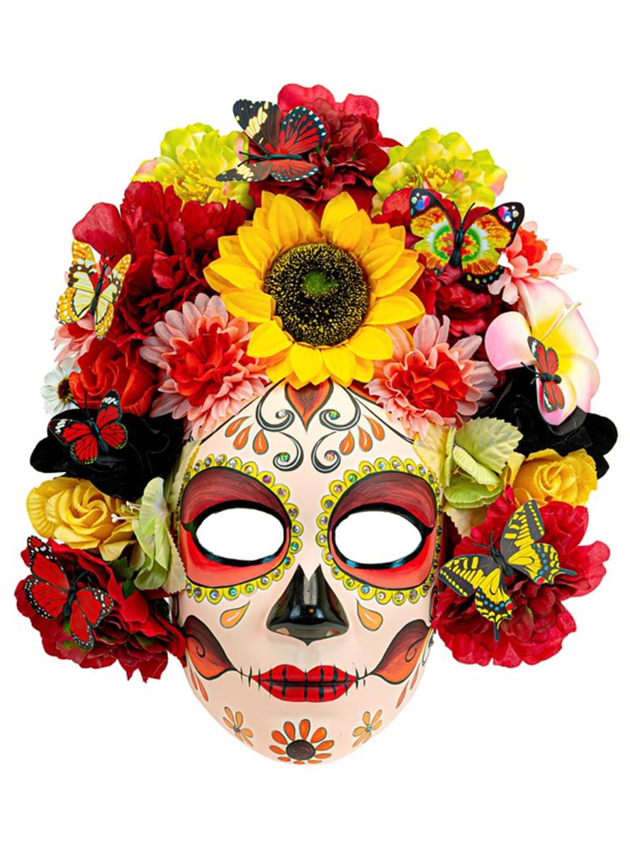 Schädelmaske Catrina für den Tag der Toten mit Blumen
