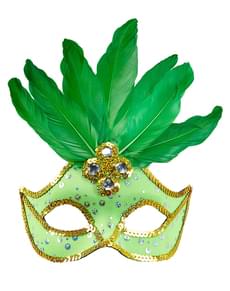 Green Venetian eye mask with sequins and feathers