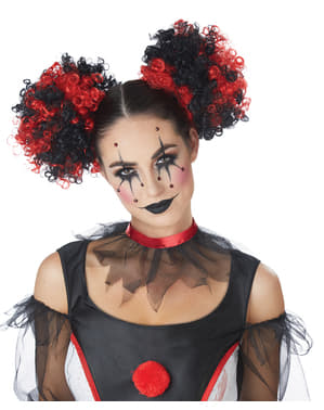 Pruik clown in knotten rood met zwart voor vrouw