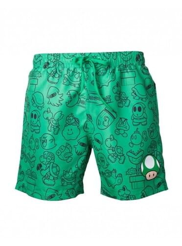 Calções de banho de cogumelo verde Mario Bros para homem