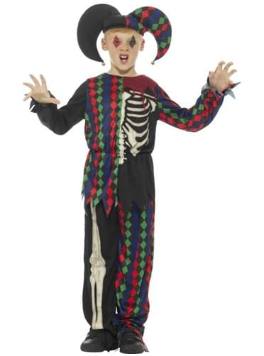 Skeletal buffoon costume for a child