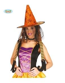 Chapéu de bruxa laranja com pernas para mulher
