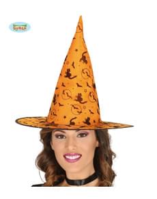 Chapéu de bruxa laranja com gatos e morcegos para mulher