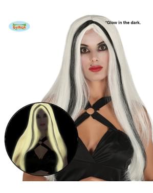 Perucă de vrăjitoare fluorescentă alb cu negru păr întins pentru femeie