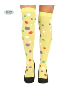 Meias-calças de palhaço amarelas com pintas multicolor para mulher