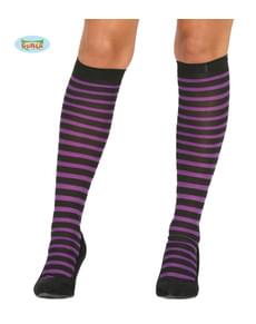 Meias-calças de bruxa de riscas pretas e roxas para mulher