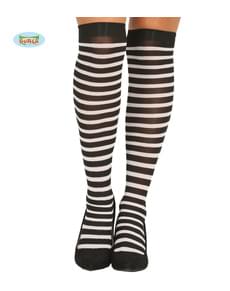 Meias-calças de bruxa de riscas pretas e brancas para mulher