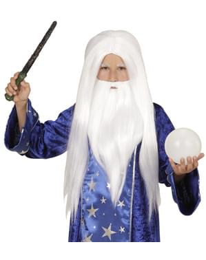 Trollmannen Merlin parykk med skjegg for barn