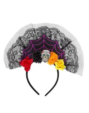 Diadema con velo de día de los muertos para mujer