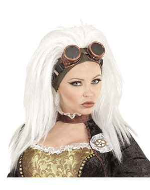 Дамска бяла Стиймпънк перука със слънчеви очила