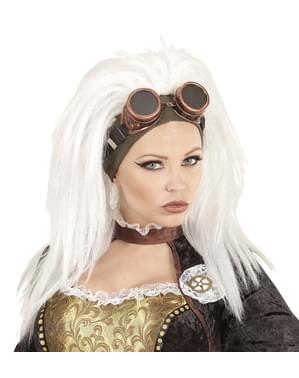 Women's white steampunk wig with sunglasses
